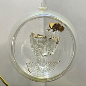 Glass Rose & Butterfly Ornament with Gold Accents in an Iridescent Open Sphere